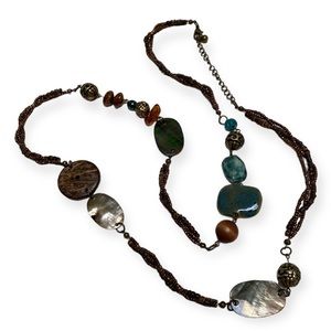 Vintage Abstract Beaded Necklace | Long length | Bronze Teal Beads Asymmetrical